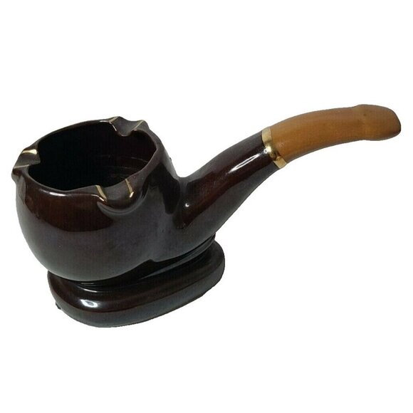 Vintage Napcoware Ceramic Art Pottery Brown Pipe Shaped Ashtray Hand Painted - Picture 1 of 10